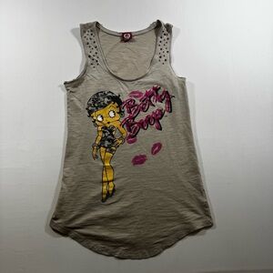 Betty Boop Tank Top M Beige Graphic Studded Shoulders Cartoon Pinup Cotton Y2K